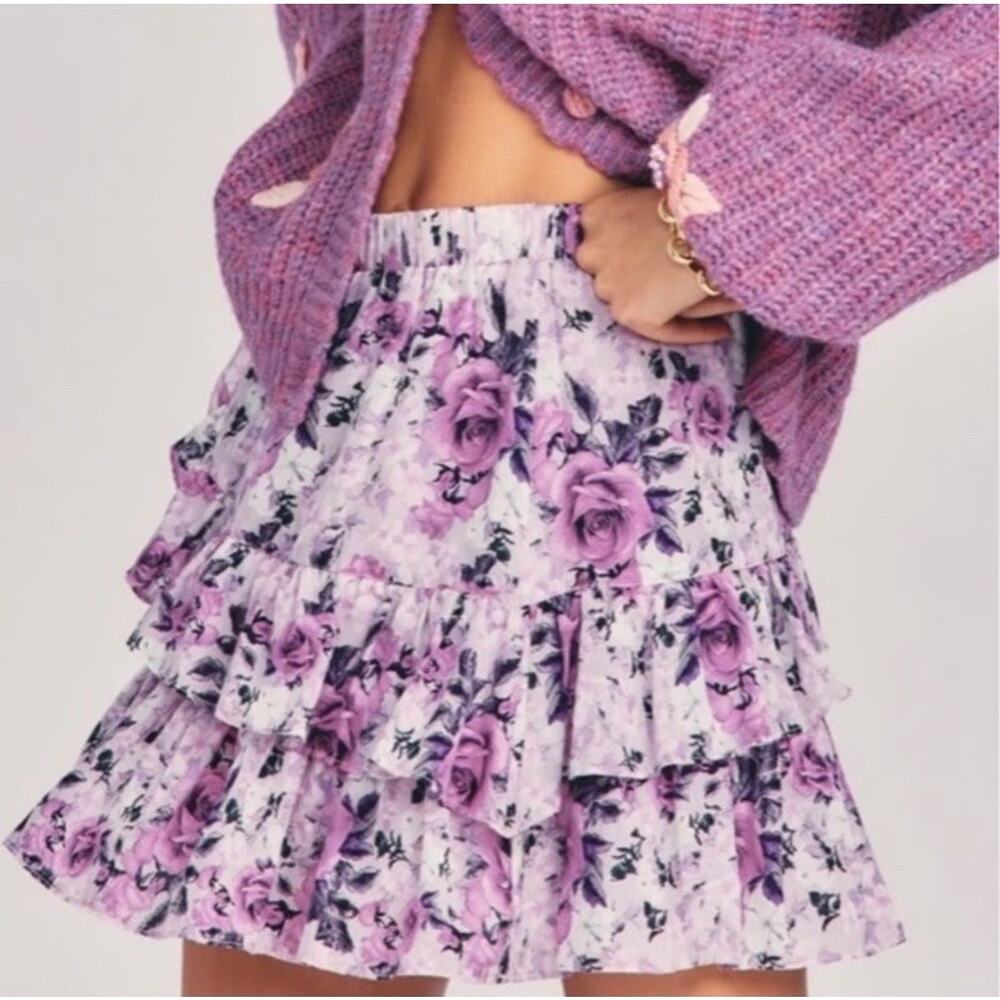 NWT LoveShackFancy Emma Ruffle Mini Skirt Sandy Shores Purple Roses Small - Picture 5 of 9
